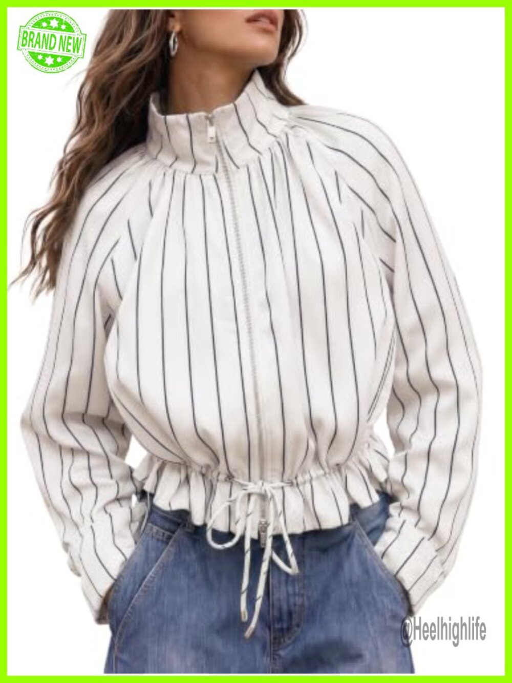 Womens Striped Zip Up Cropped Casual Jacket Stand Collar Fall